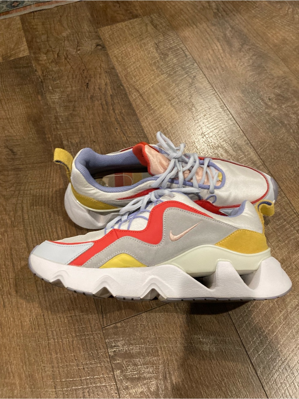 Nike Adults White Sneakers with Red, lavender & Yellow Accents